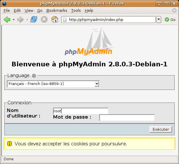 capture de l'écran d'authentification de phpmyadmin