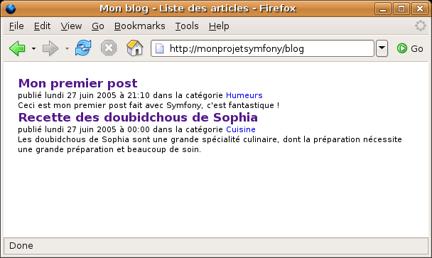 le blog réalisé avec symfony, une fois les règles de routage mises en place